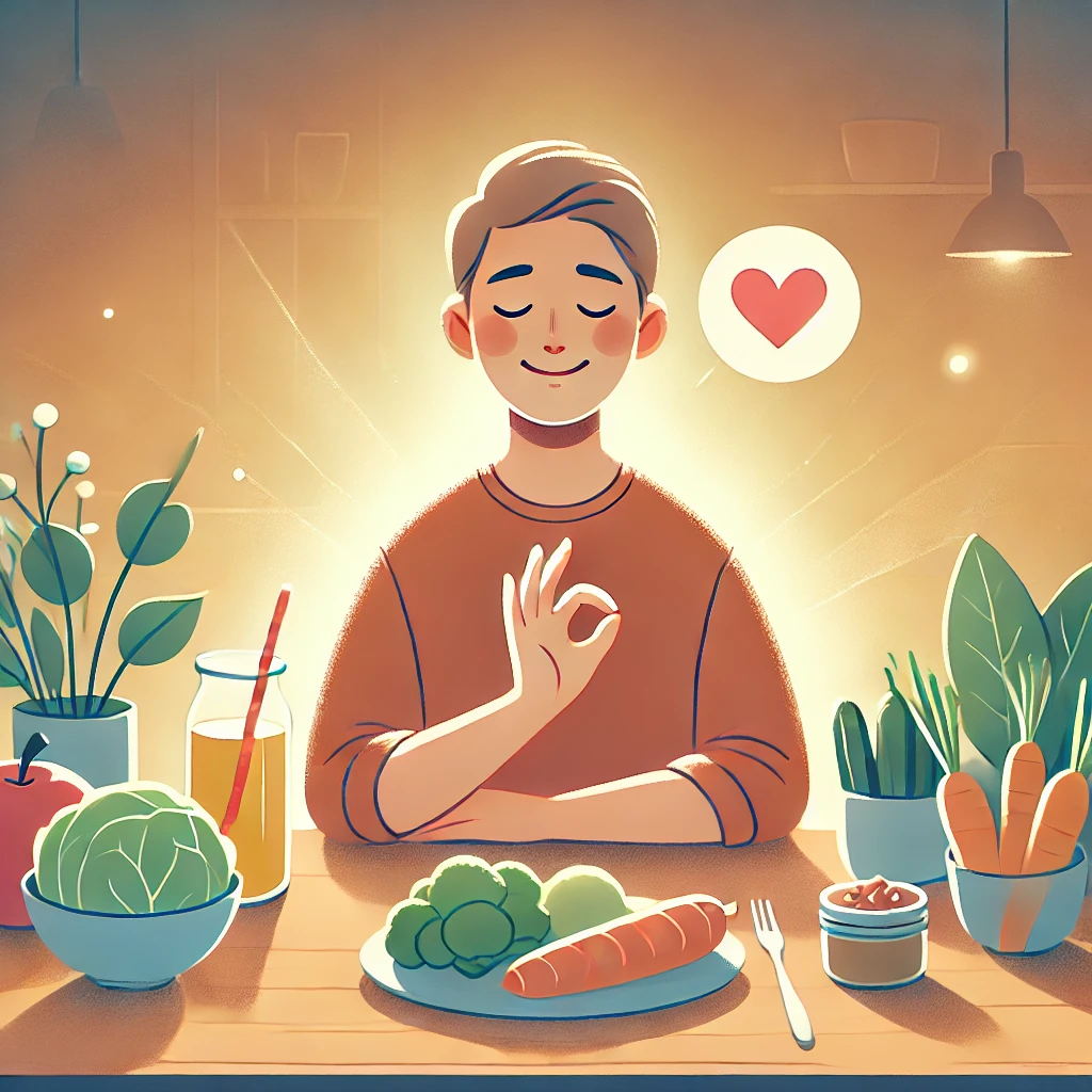 Illustrazione di una persona che mangia serenamente a un tavolo con cibi sani