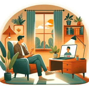 Illustrazione di una sessione di supporto psicologico online con un paziente a casa e in videochiamata con un terapeuta per disturbi alimentari