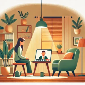 Illustrazione di una sessione di supporto psicologico online per disturbi alimentari