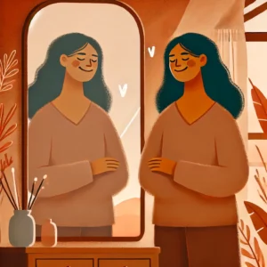 Illustrazione di una donna sorridente davanti a uno specchio