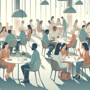 Atmosfera serena in un ristorante con persone diverse che condividono pasti e conversazioni.