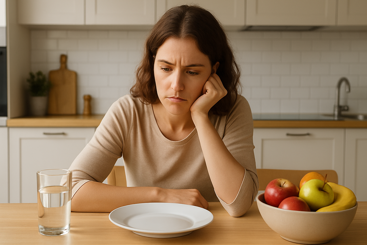Donna pensierosa con piatto vuoto e frutta, simbolo della fame continua e del rapporto complesso con il cibo – cause e rimedi per chi ha sempre fame