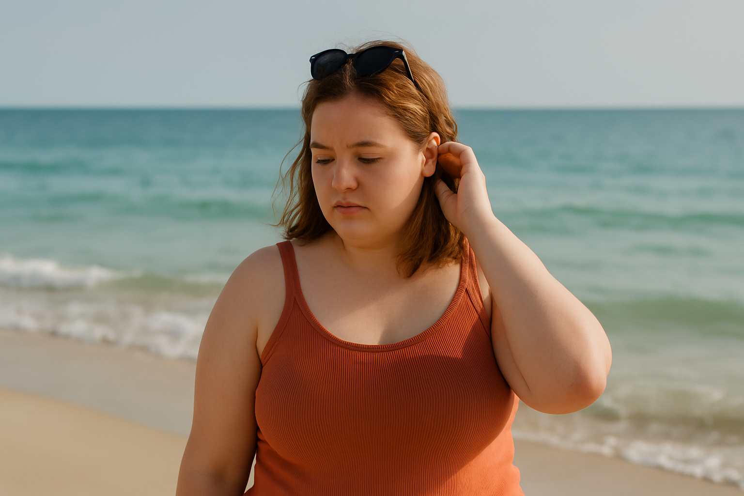 Donna giovane in spiaggia d'estate, con espressione introspettiva. Rappresentazione visiva delicata del disagio corporeo legato a disturbi alimentari durante la stagione estiva.
